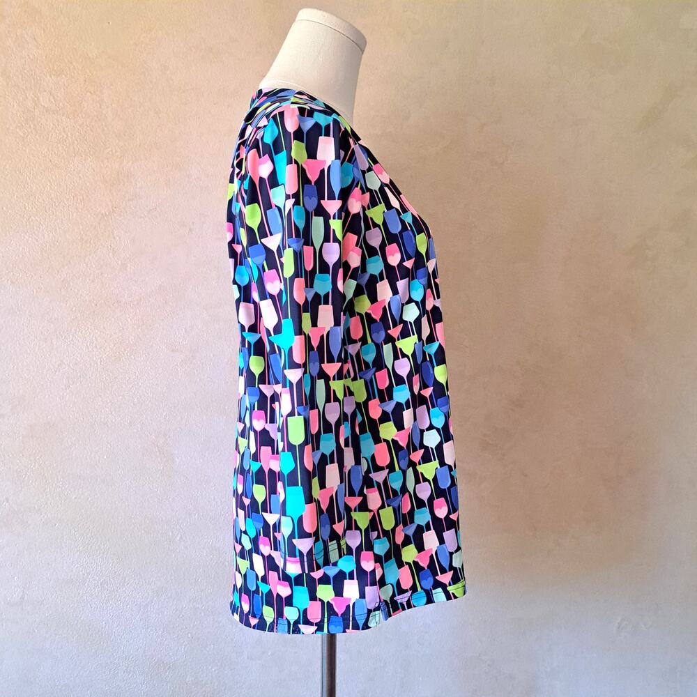 LuLu B Wine Glass Print V-neck Top Medium Colorful 3/4 Sleeve - Picture 3 of 9